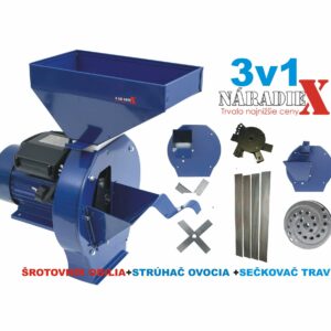 3v1 ŠROTOVNÍK OBILIA + STRUHAČ OVOCIA,ZELENINY+SEČKOVAČ TRAVY + 4 SITA, 3500W, TM12D